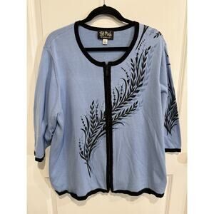 BOB MACKIE Wearable Art Blue Black Floral Zip Cardigan Sweater Sz 2XL